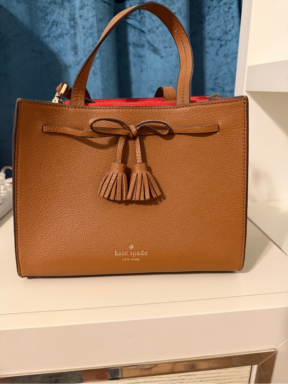 kate spade Brown Leather Satchel with Red Interior and Tassel